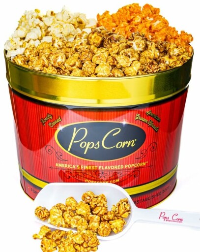 Gourmet popcorn tin featuring caramel, cheese, and kettle corn