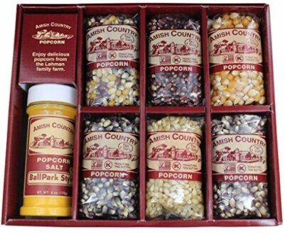 Amish Country Popcorn gift set with popcorn kernels and salt.