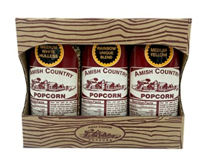 Amish Country Popcorn variety pack with three bottles: Medium White Hulless, Rainbow Unique Blend, Medium Yellow.