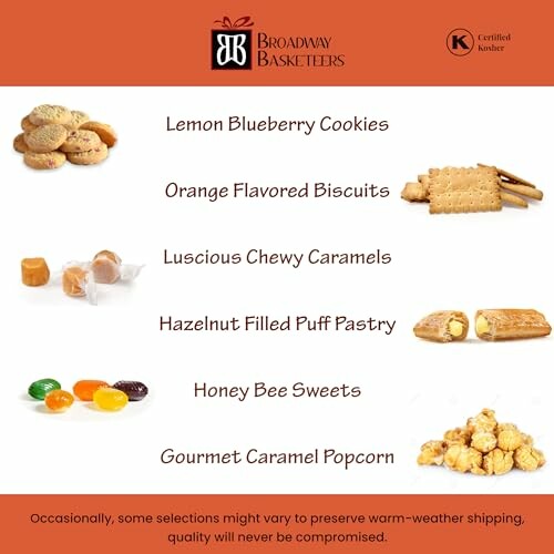 Assorted gourmet treats from Broadway Basketeers including cookies, biscuits, caramels, puff pastry, sweets, and popcorn.