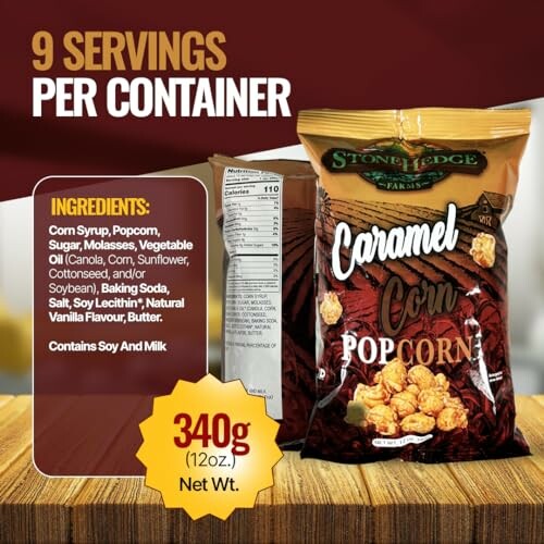 Bag of caramel corn popcorn with nutrition facts and ingredients.