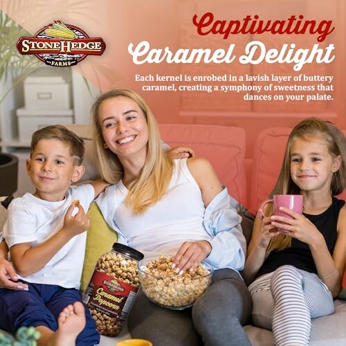 Family enjoying caramel popcorn together on a couch.