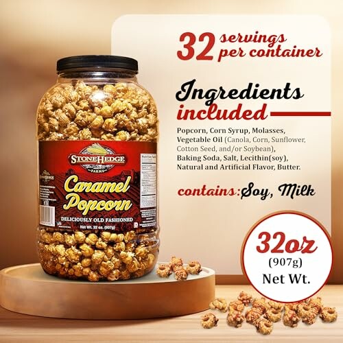 Jar of caramel popcorn with ingredients and nutritional info.