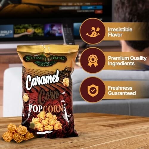 Caramel corn popcorn package on a table with quality highlights.