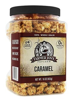 Jar of Farmer Jon's Caramel Popcorn, 16 oz, 100% whole grain.