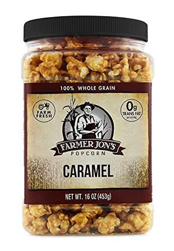 Jar of Farmer Jon's Caramel Popcorn, 16 oz, 100% whole grain, 0g trans fat