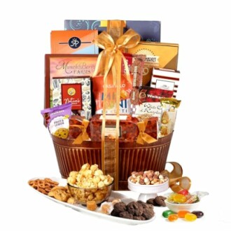 A gourmet gift basket filled with assorted snacks and treats like popcorn, cookies, and candies.