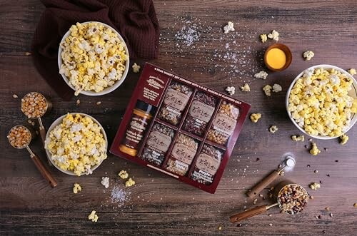 Gourmet popcorn set with kernels and popped popcorn in bowls on a wooden table.