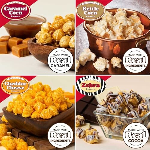 Four popcorn flavors: caramel, kettle, cheddar cheese, zebra.