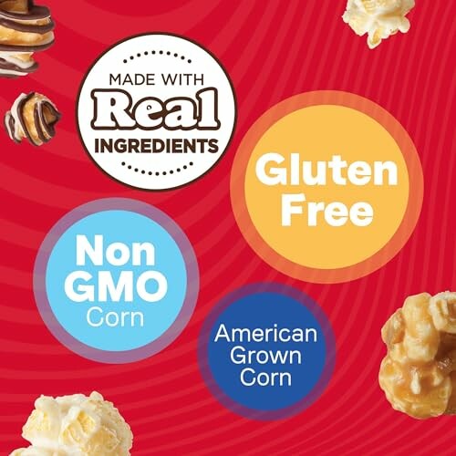 Labels highlighting real ingredients, gluten free, non-GMO corn, American grown corn.