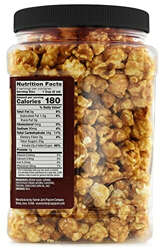 Container of caramel popcorn with nutrition facts label.