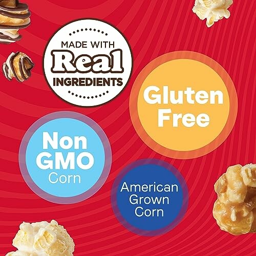 Close-up of popcorn packaging with labels: Made with real ingredients, gluten-free, non-GMO corn, American grown corn.