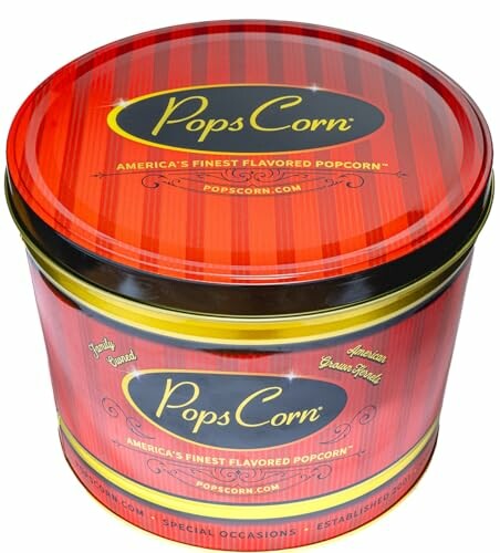 Red and gold Pops Corn popcorn tin filled with gourmet popcorn