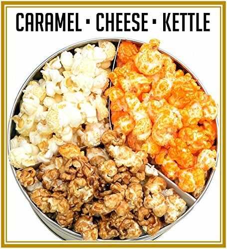 Tin with caramel, cheese, and kettle popcorn ready for sharing