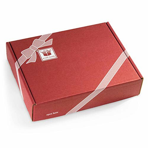 Red gift box with ribbon design and logo