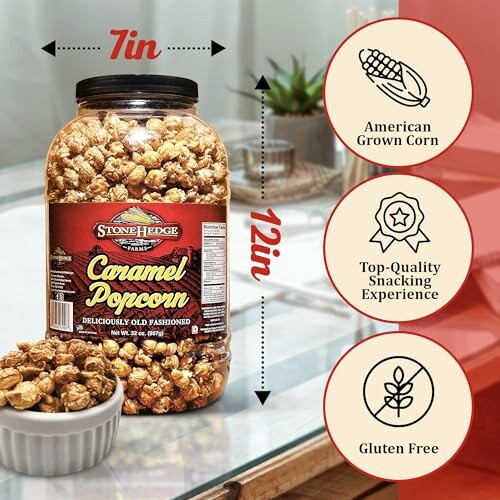 Jar of StoneHedge caramel popcorn with features like American grown corn, top-quality snacking experience, and gluten-free.