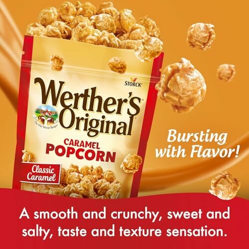 Werther's Original Caramel Popcorn package with popcorn spilling out.